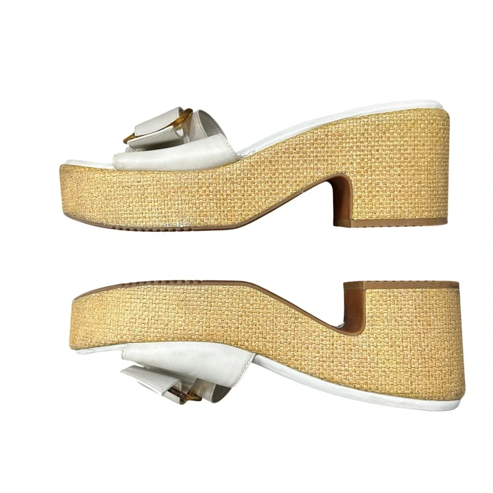 Nordstrom Courtney-Lea White Leather Raffia Platform Buckle Slide Sandals 10M